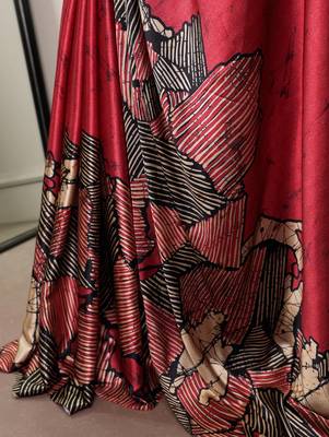 Red satin silk printed saree with a natural silk unstitched blouse 4
