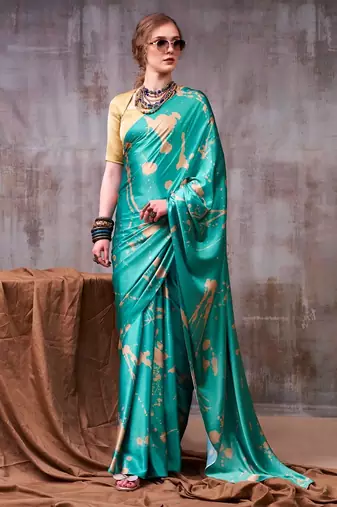 Sea blue satin silk printed saree with a natural silk unstitched blouse