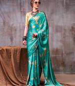 Sea blue satin silk printed saree with a natural silk unstitched blouse