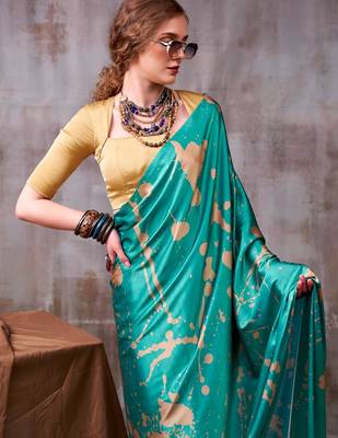 Sea blue satin silk printed saree with a natural silk unstitched blouse 2