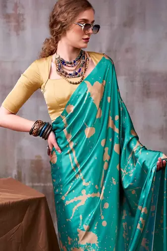 Sea blue satin silk printed saree with a natural silk unstitched blouse