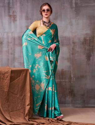 Sea blue satin silk printed saree with a natural silk unstitched blouse 3