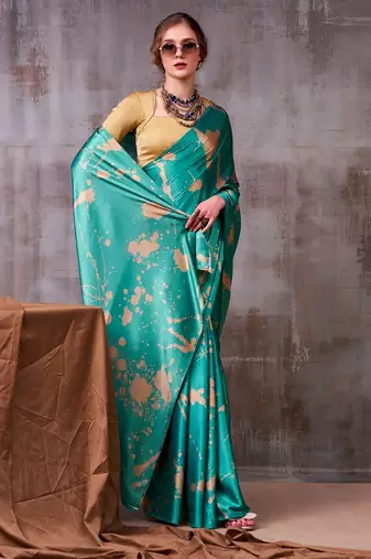 Sea blue satin silk printed saree with a natural silk unstitched blouse