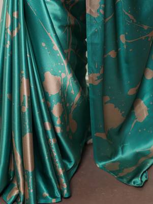 Sea blue satin silk printed saree with a natural silk unstitched blouse 4