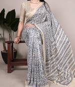Blue tussar silk printed saree with unstitched blouse