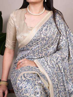 Blue tussar silk printed saree with unstitched blouse 2