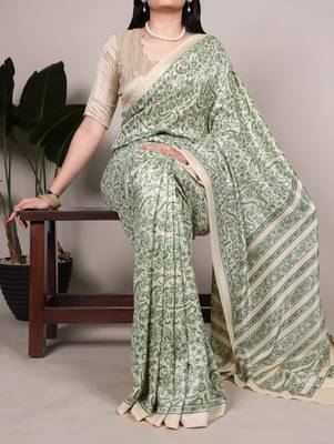 Green tussar silk printed saree with unstitched blouse 1