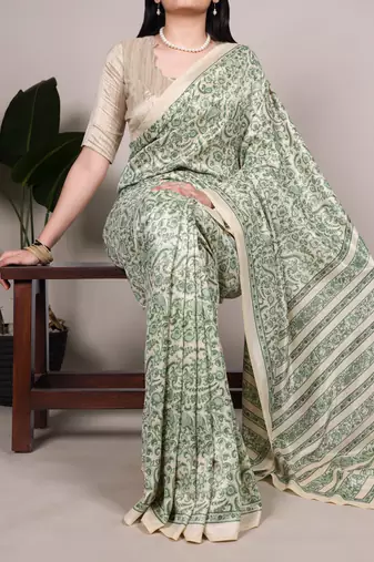 Green tussar silk printed saree with unstitched blouse