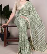 Green tussar silk printed saree with unstitched blouse