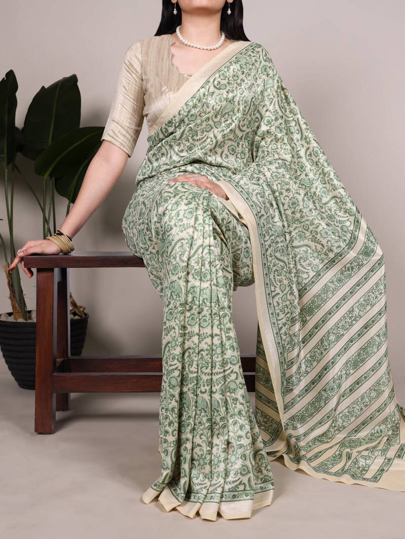 Green tussar silk printed saree with unstitched blouse