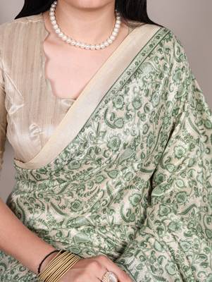 Green tussar silk printed saree with unstitched blouse 2