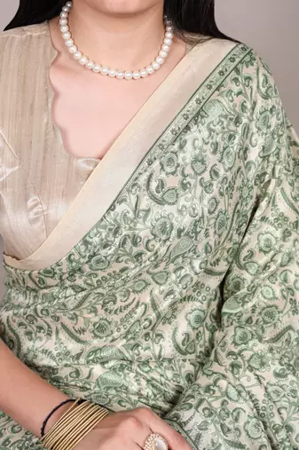 Green tussar silk printed saree with unstitched blouse