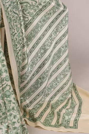 Green tussar silk printed saree with unstitched blouse