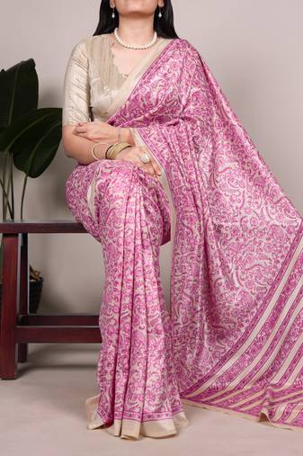 Pink tussar silk printed saree with unstitched blouse