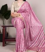 Pink tussar silk printed saree with unstitched blouse