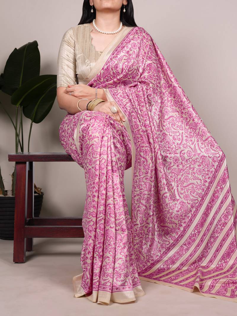 Pink tussar silk printed saree with unstitched blouse