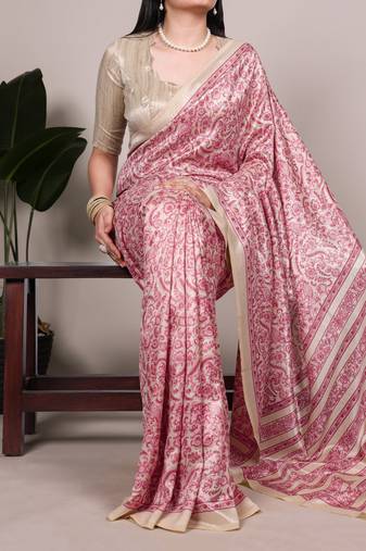 Salmon tussar silk printed saree with unstitched blouse