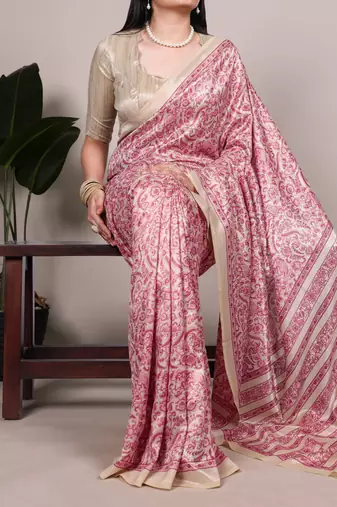 Salmon tussar silk printed saree with unstitched blouse