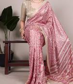 Salmon tussar silk printed saree with unstitched blouse
