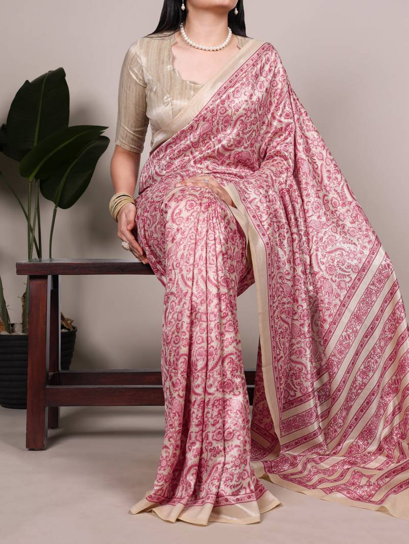 Salmon tussar silk printed saree with unstitched blouse