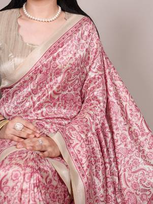 Salmon tussar silk printed saree with unstitched blouse 2