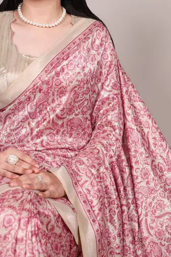 Salmon tussar silk printed saree with unstitched blouse