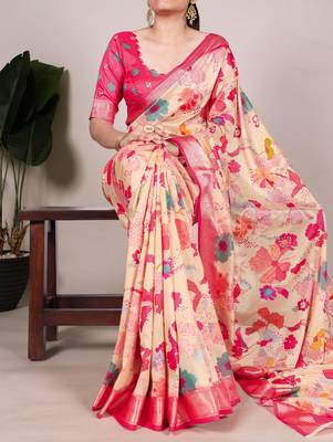 Cream tussar silk printed with viscose border saree with unstitched blouse 1