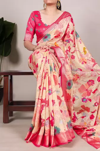 Cream tussar silk printed with viscose border saree with unstitched blouse