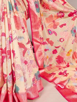 Cream tussar silk printed with viscose border saree with unstitched blouse 3