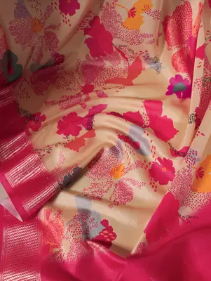Cream tussar silk printed with viscose border saree with unstitched blouse 4