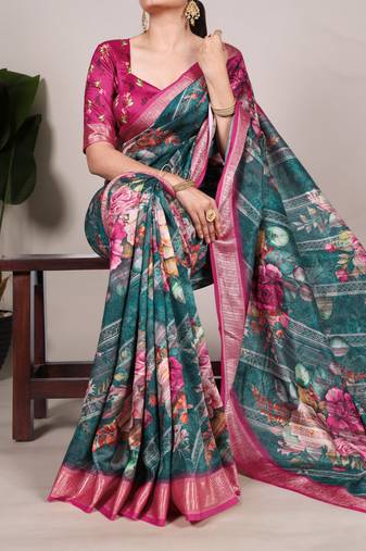 Green tussar silk printed with viscose border saree with unstitched blouse