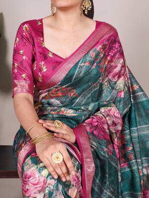 Green tussar silk printed with viscose border saree with unstitched blouse 2