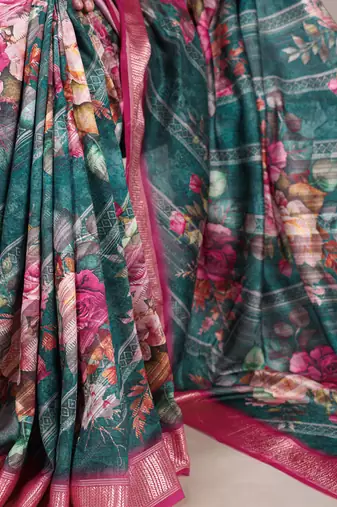 Green tussar silk printed with viscose border saree with unstitched blouse