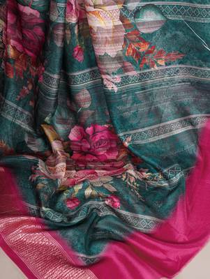 Green tussar silk printed with viscose border saree with unstitched blouse 4