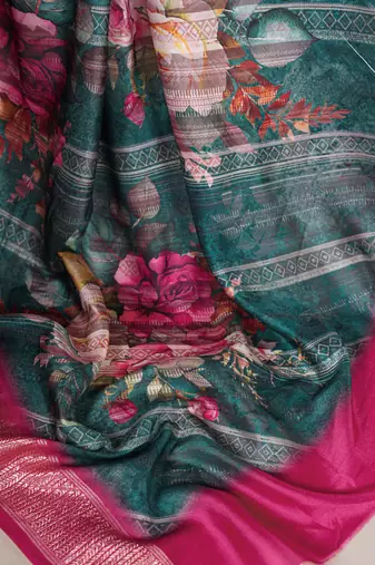 Green tussar silk printed with viscose border saree with unstitched blouse