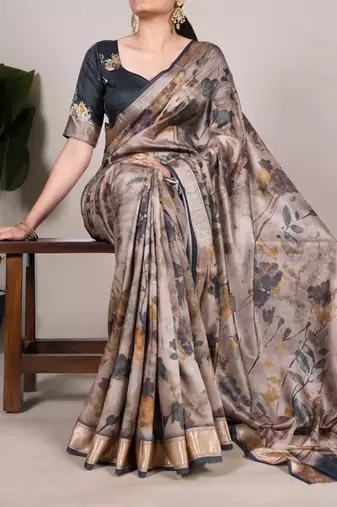 Mehendi tussar silk printed with viscose border saree with unstitched blouse