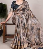 Mehendi tussar silk printed with viscose border saree with unstitched blouse