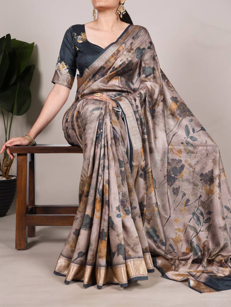 Mehendi tussar silk printed with viscose border saree with unstitched blouse