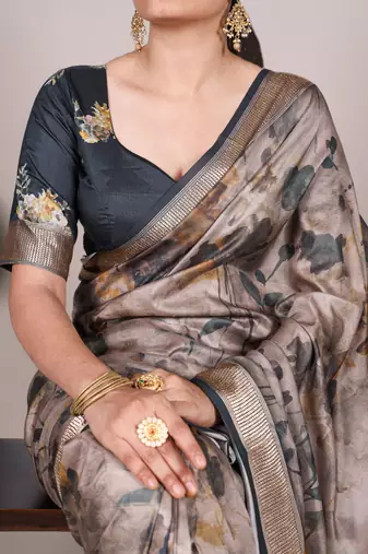 Mehendi tussar silk printed with viscose border saree with unstitched blouse