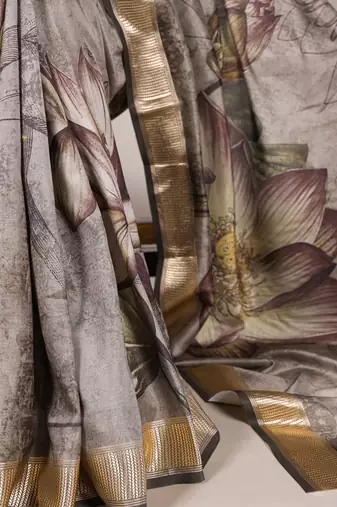 Mehendi tussar silk printed with viscose border saree with unstitched blouse
