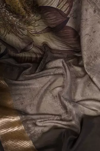 Mehendi tussar silk printed with viscose border saree with unstitched blouse