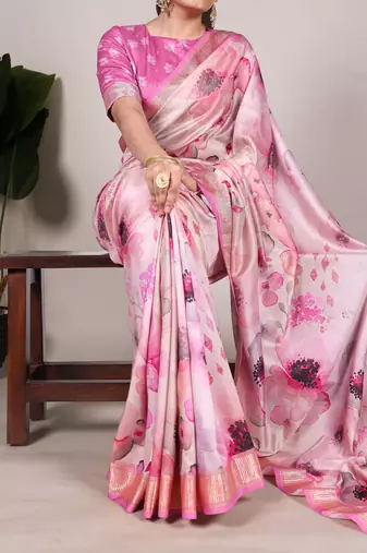 Pink tussar silk printed with viscose border saree with unstitched blouse
