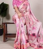 Pink tussar silk printed with viscose border saree with unstitched blouse