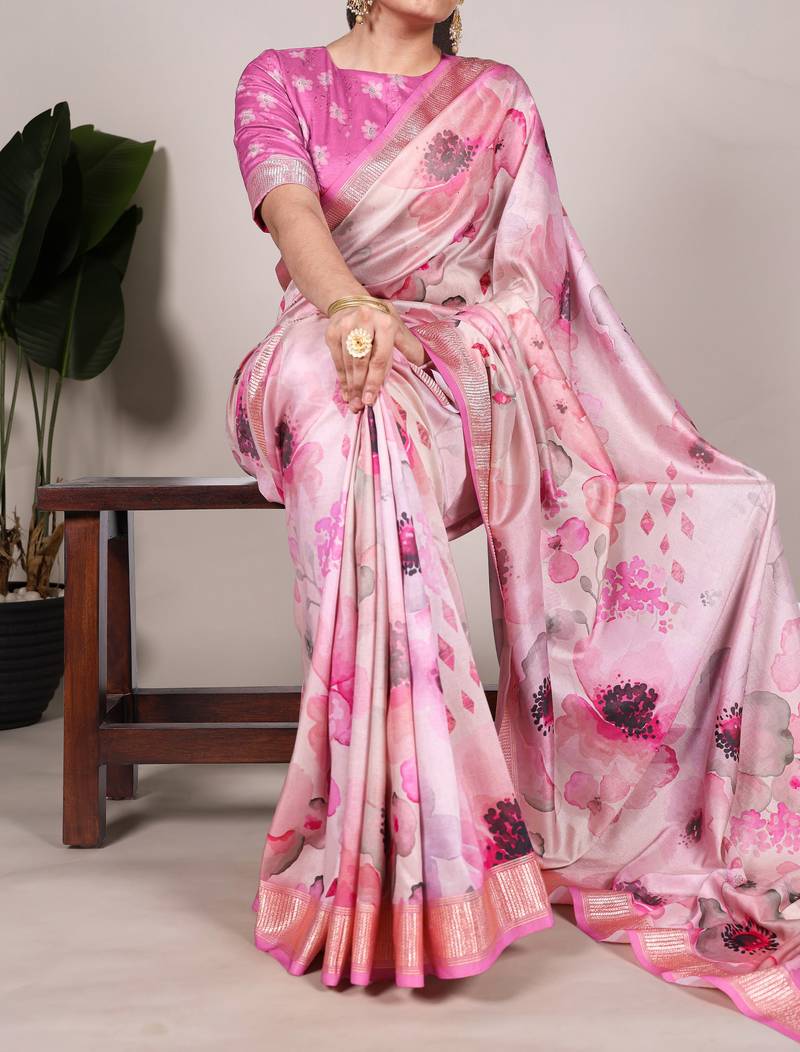 Pink tussar silk printed with viscose border saree with unstitched blouse