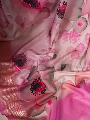 Pink tussar silk printed with viscose border saree with unstitched blouse 4