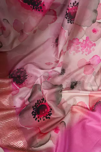 Pink tussar silk printed with viscose border saree with unstitched blouse