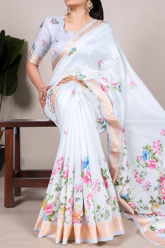 White tussar silk printed with viscose border saree with unstitched blouse