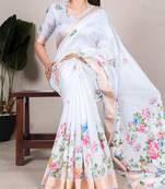 White tussar silk printed with viscose border saree with unstitched blouse
