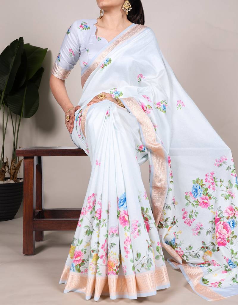 White tussar silk printed with viscose border saree with unstitched blouse