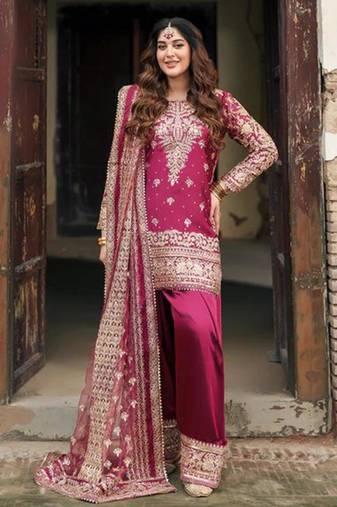 Rani pink kurta with heavy gold zardosi embroidery